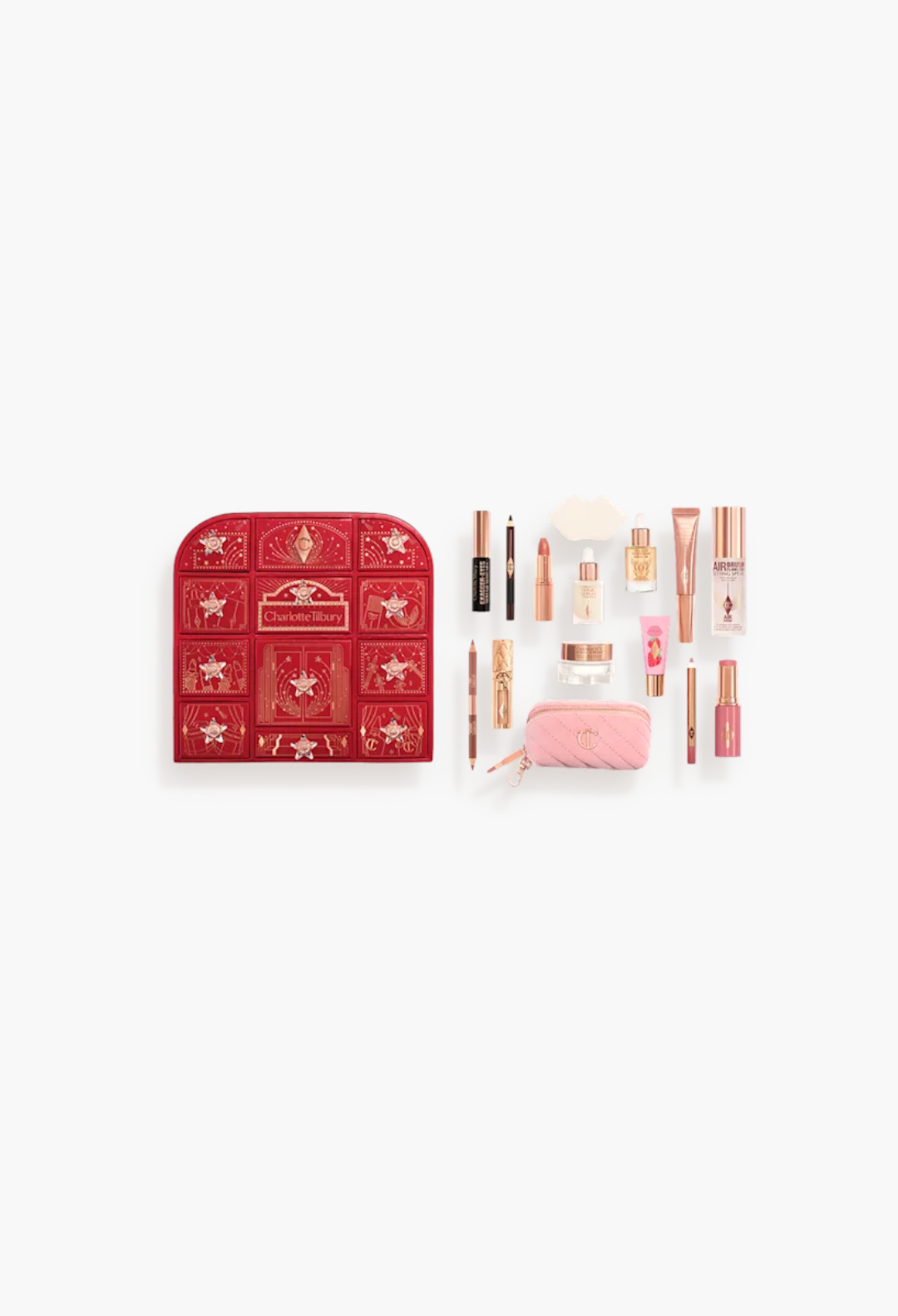 GLAM MODA Charlotte Tilbury Hollywood beauty advent calendar with 15 makeup and skincare products in a red star box.