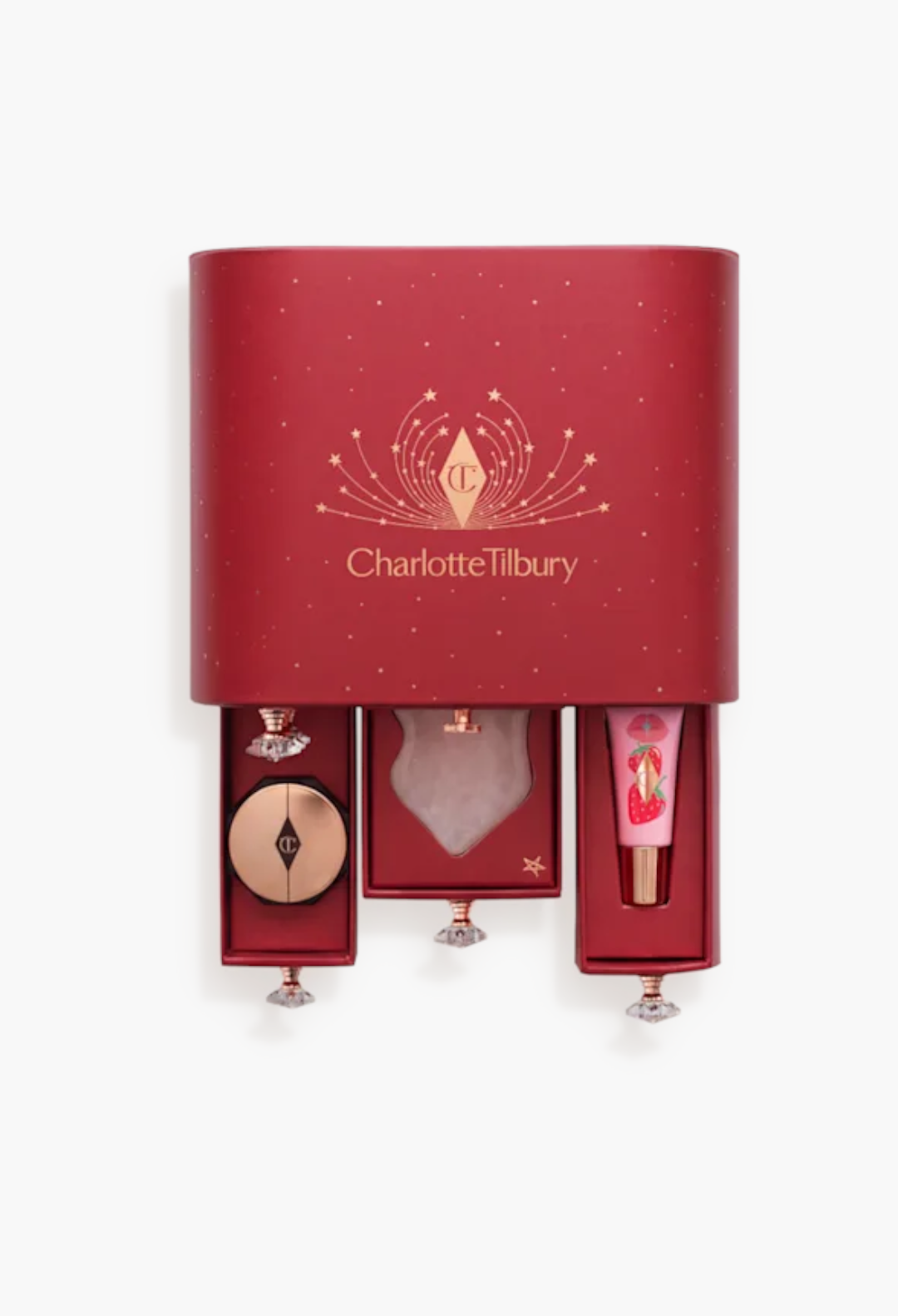GLAM MODA Charlotte Tilbury red and gold advent calendar with jewel-handled drawers containing beauty products