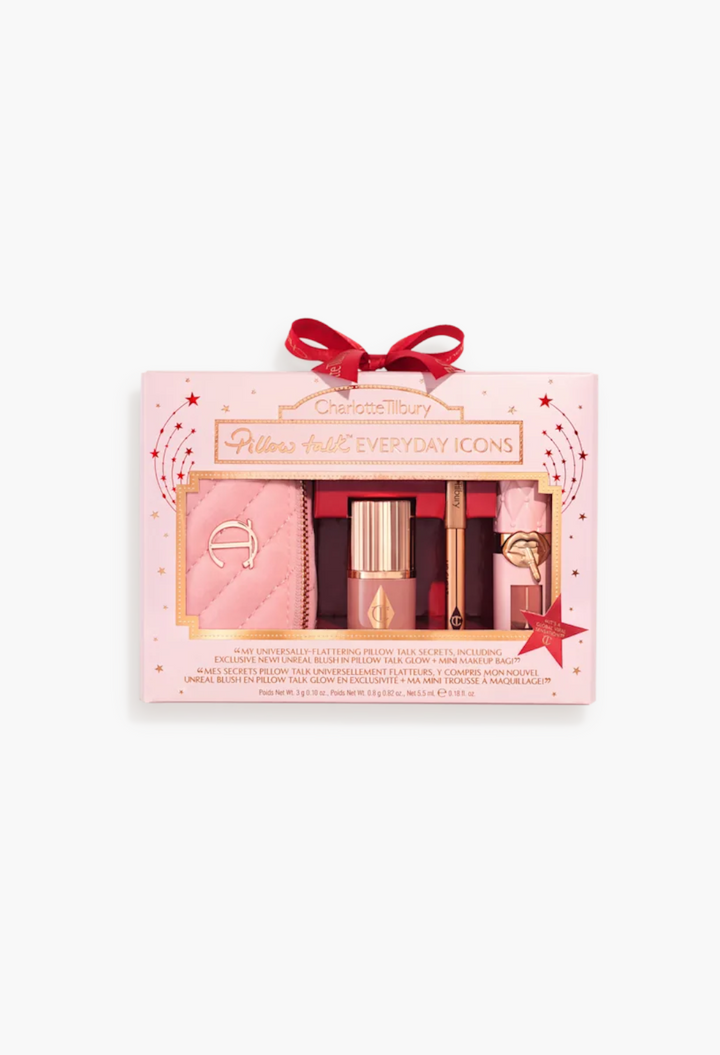 GLAM MODA Pillow Talk Everyday Icons makeup gift set featuring lip liner, lip plumper, blush stick, and makeup bag.