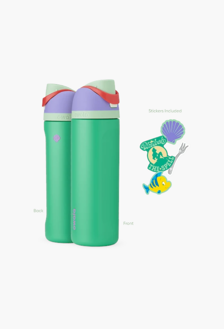 GLAM MODA Disney Princess FreeSip 24oz stainless steel water bottle in green with included character stickers