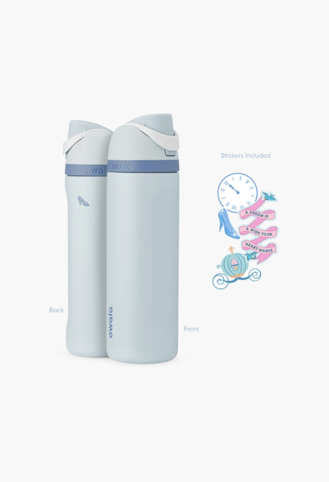 GLAM MODA Disney Princess Owala FreeSip 24oz insulated stainless steel water bottle in light blue with stickers