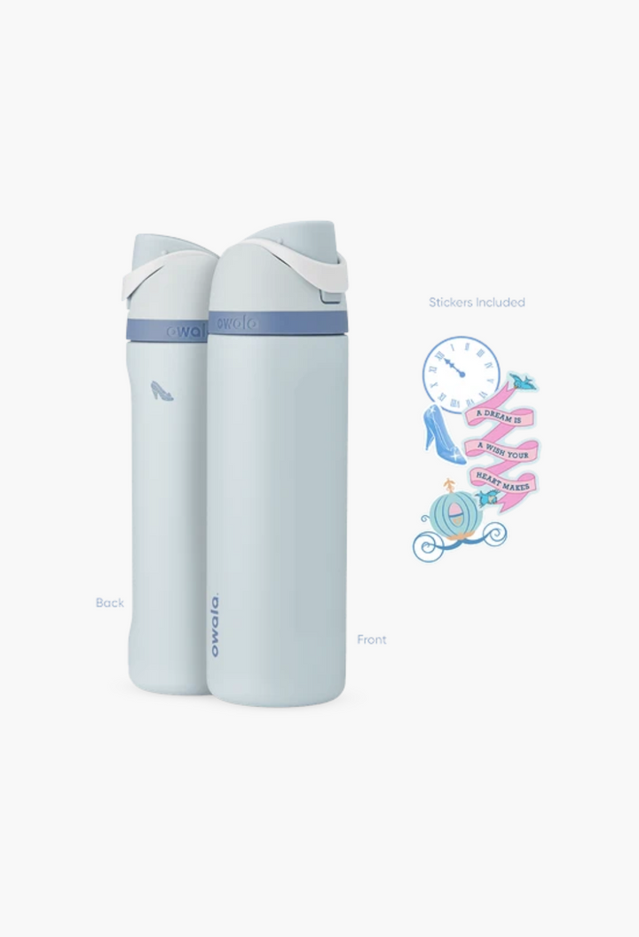 GLAM MODA Disney Princess Owala FreeSip 24oz insulated stainless steel water bottle in light blue with stickers