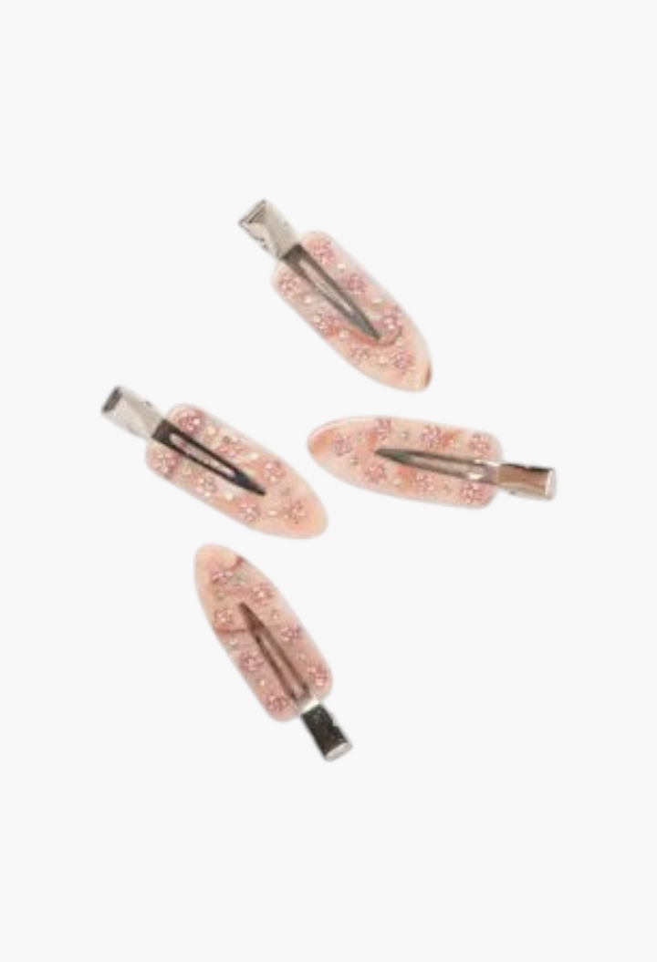 GLAM MODA set of four pink strawberry-patterned acetate hair clips with silver metal snap closures