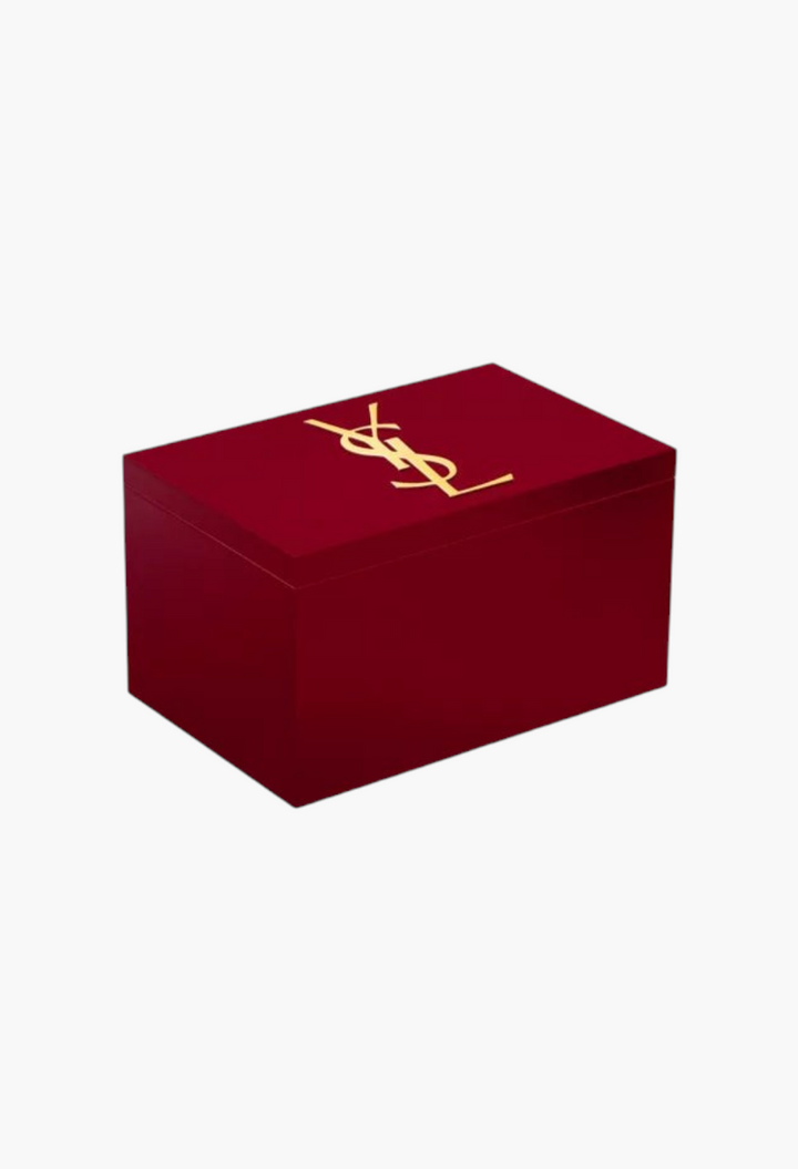 GLAM MODA Yves Saint Laurent 2026 advent calendar in a deep red box with a gold YSL logo on the lid.