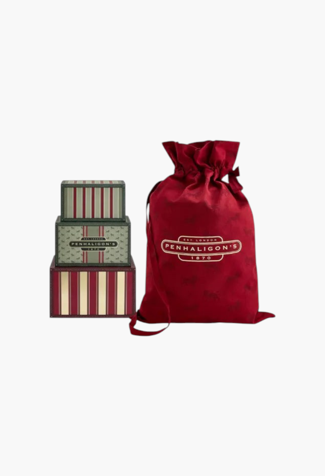 GLAM MODA Penhaligon's 2026 advent calendar set featuring decorative gift boxes and a red velvet drawstring bag.
