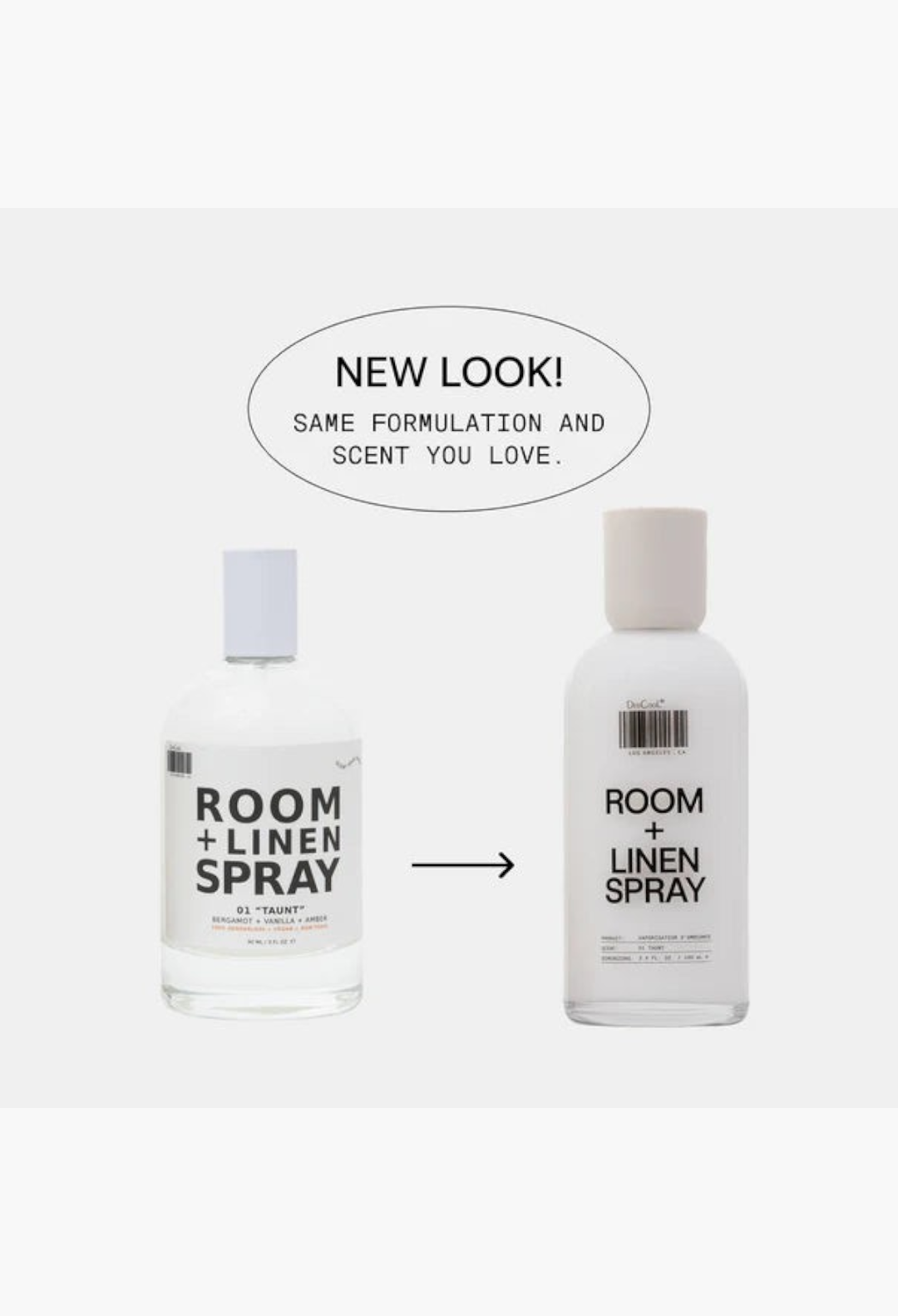GLAM MODA room and linen spray bottles showing the old clear glass design and the new opaque white glass bottle.