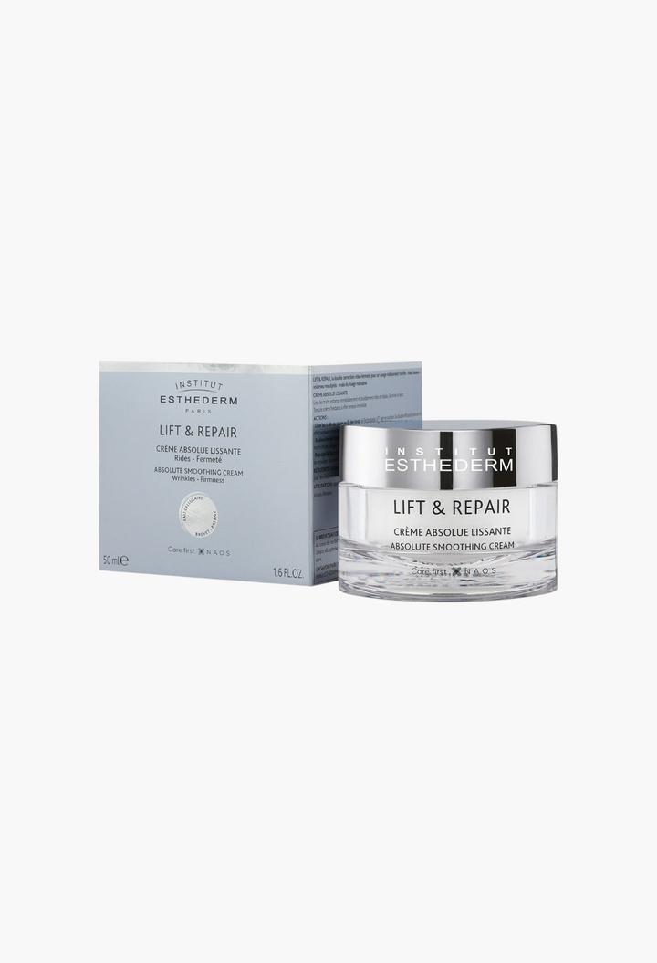 GLAM MODA Institut Esthederm Lift & Repair Absolute Smoothing Cream jar and box for firming and anti-wrinkle care.