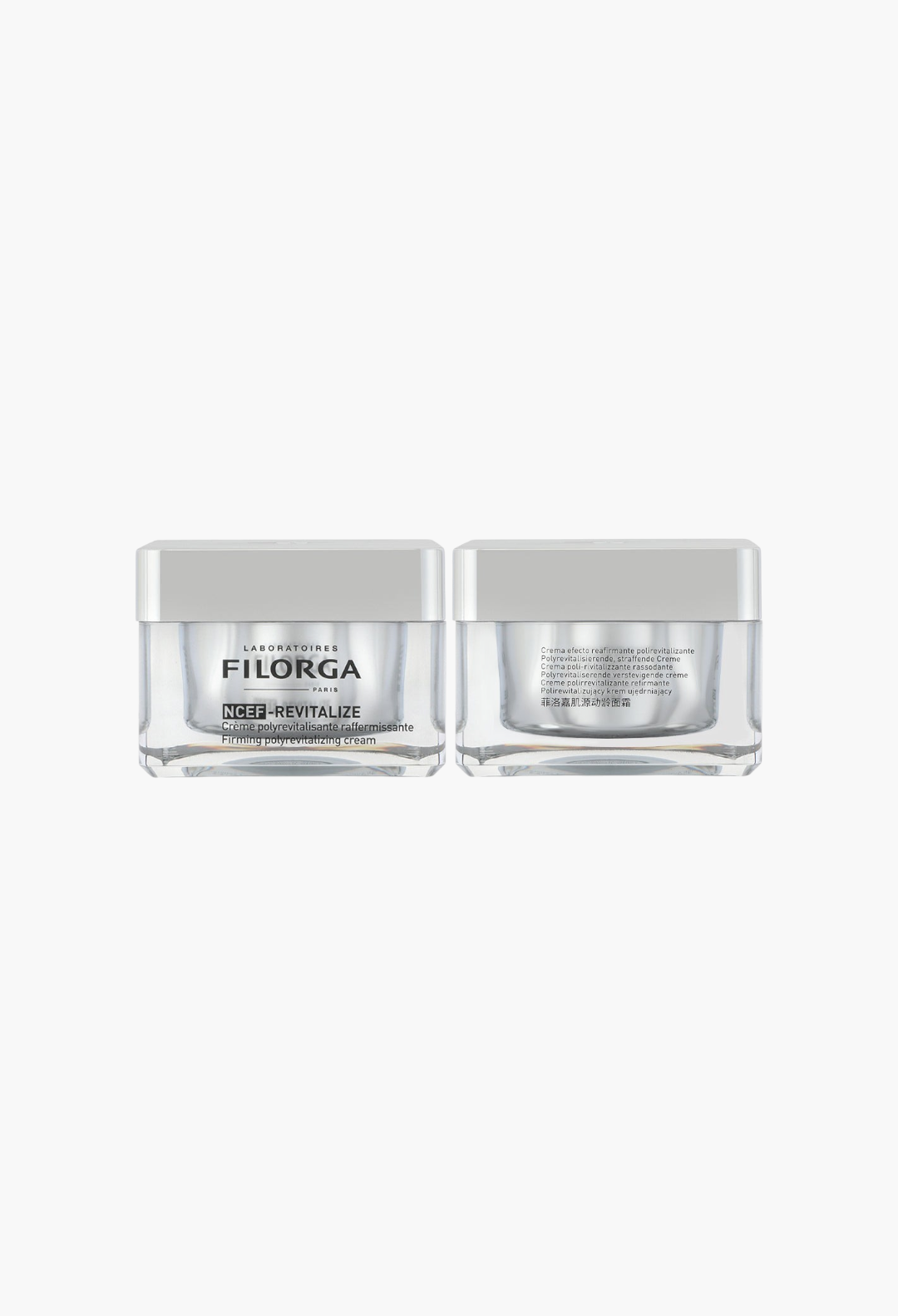 GLAM MODA Filorga NCEF-Revitalize firming polyrevitalizing cream in a clear glass jar with a silver lid