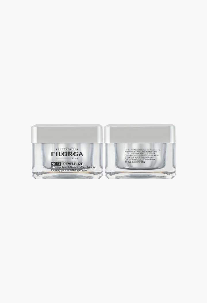 GLAM MODA Filorga NCEF-Revitalize firming polyrevitalizing cream in a clear glass jar with a silver lid