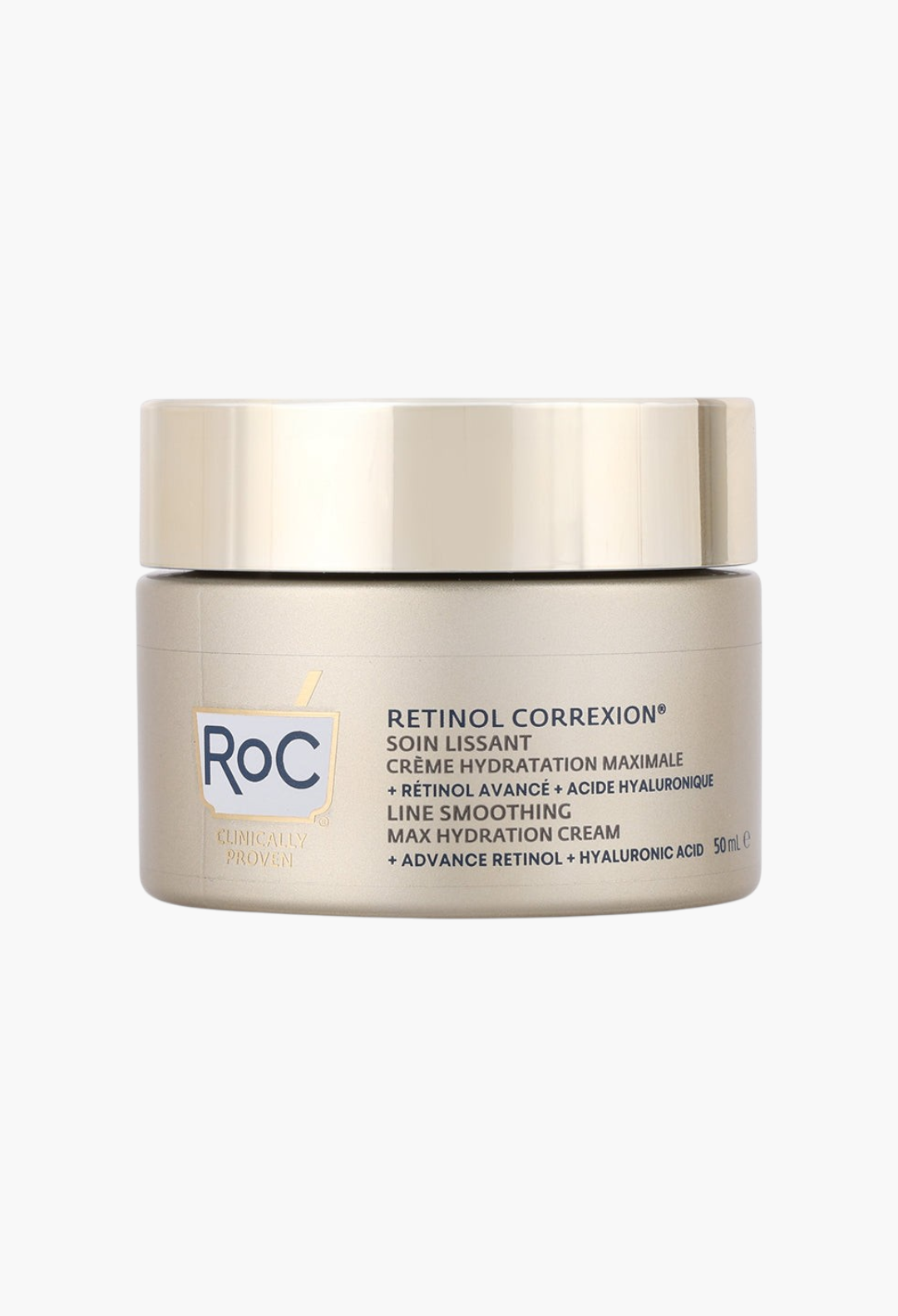 GLAM MODA RoC Retinol Correxion Line Smoothing Max Hydration Cream in a gold jar with a screw-top lid