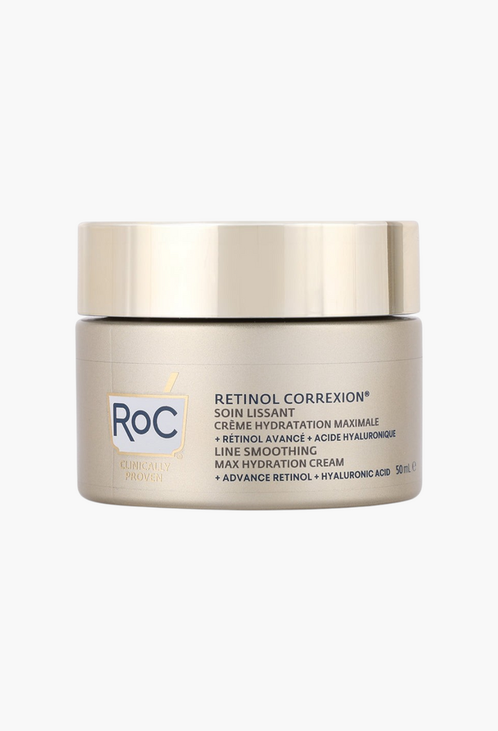 GLAM MODA RoC Retinol Correxion Line Smoothing Max Hydration Cream in a gold jar with a screw-top lid