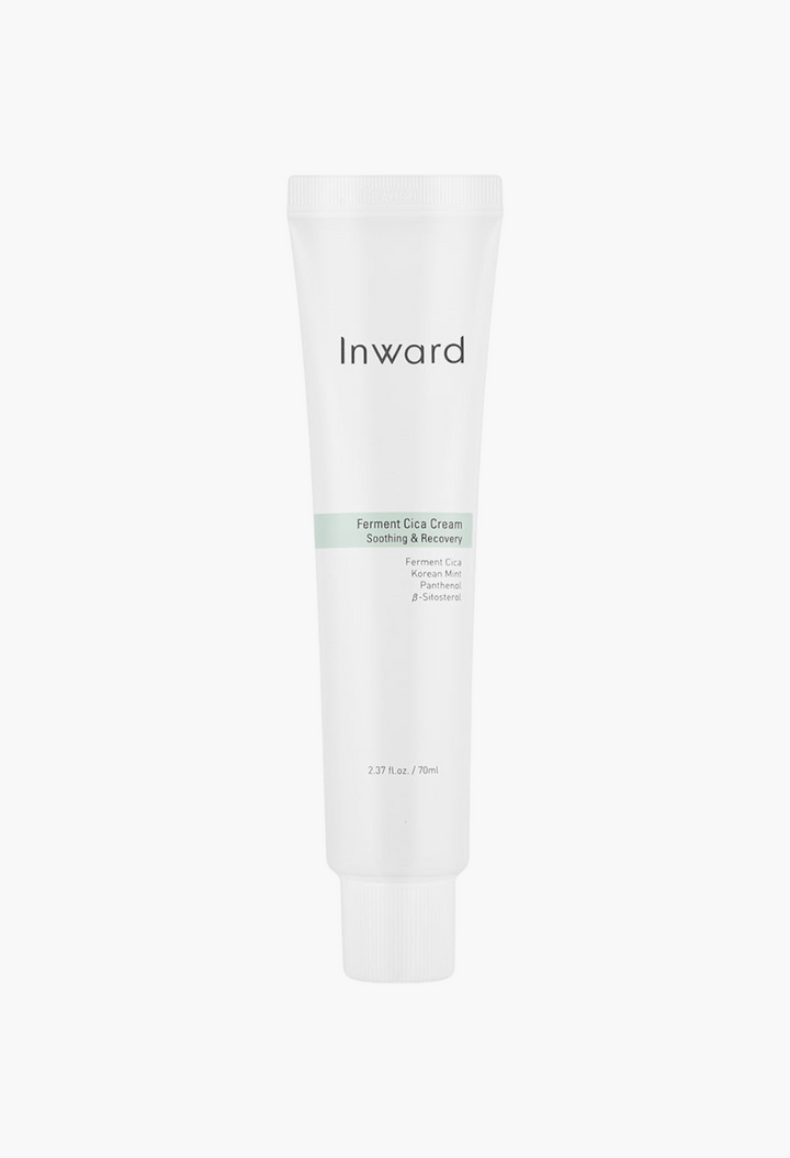 GLAM MODA Inward Ferment Cica Soothing & Recovery Cream in a white 70ml squeeze tube for skin repair and hydration.