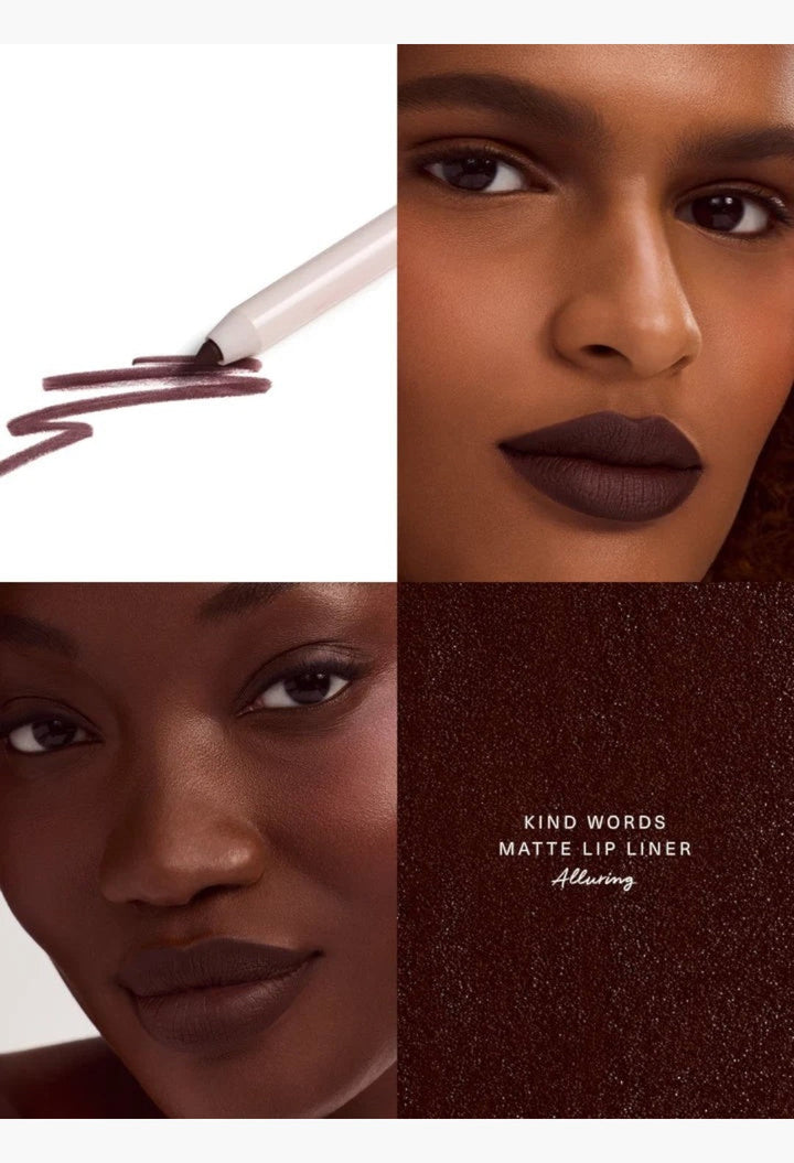 GLAM MODA Kind Words matte lip liner in a deep brown shade shown as a swatch and on two models with dark skin tones.