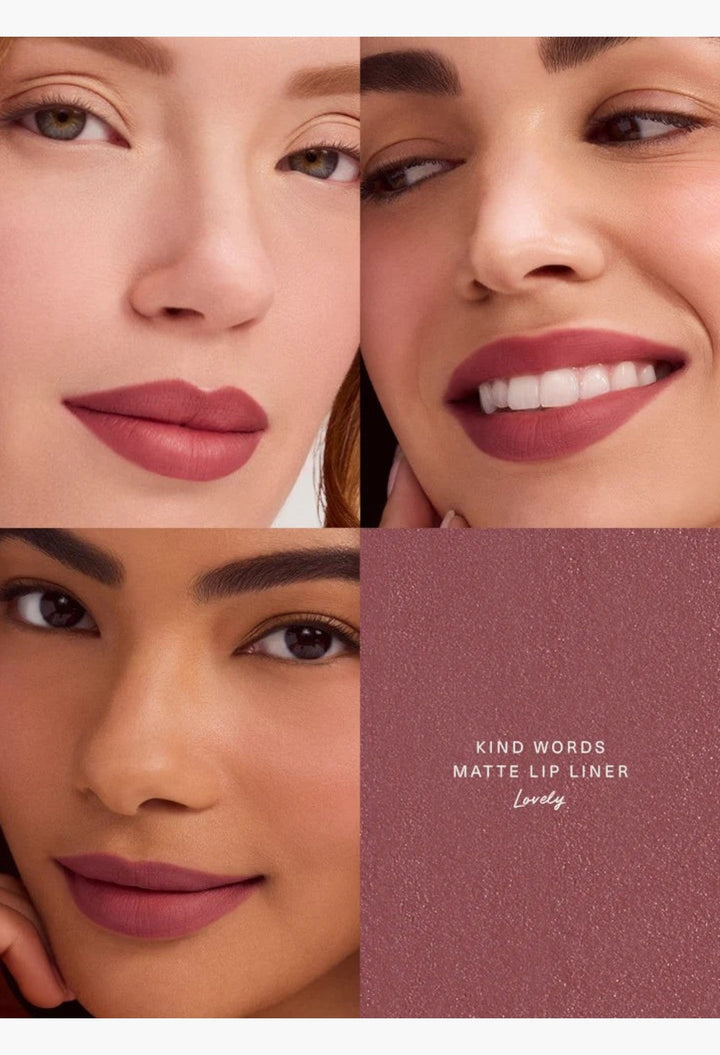 GLAM MODA Kind Words Matte Lip Liner in Lovely shade shown on three diverse models with a soft matte finish.