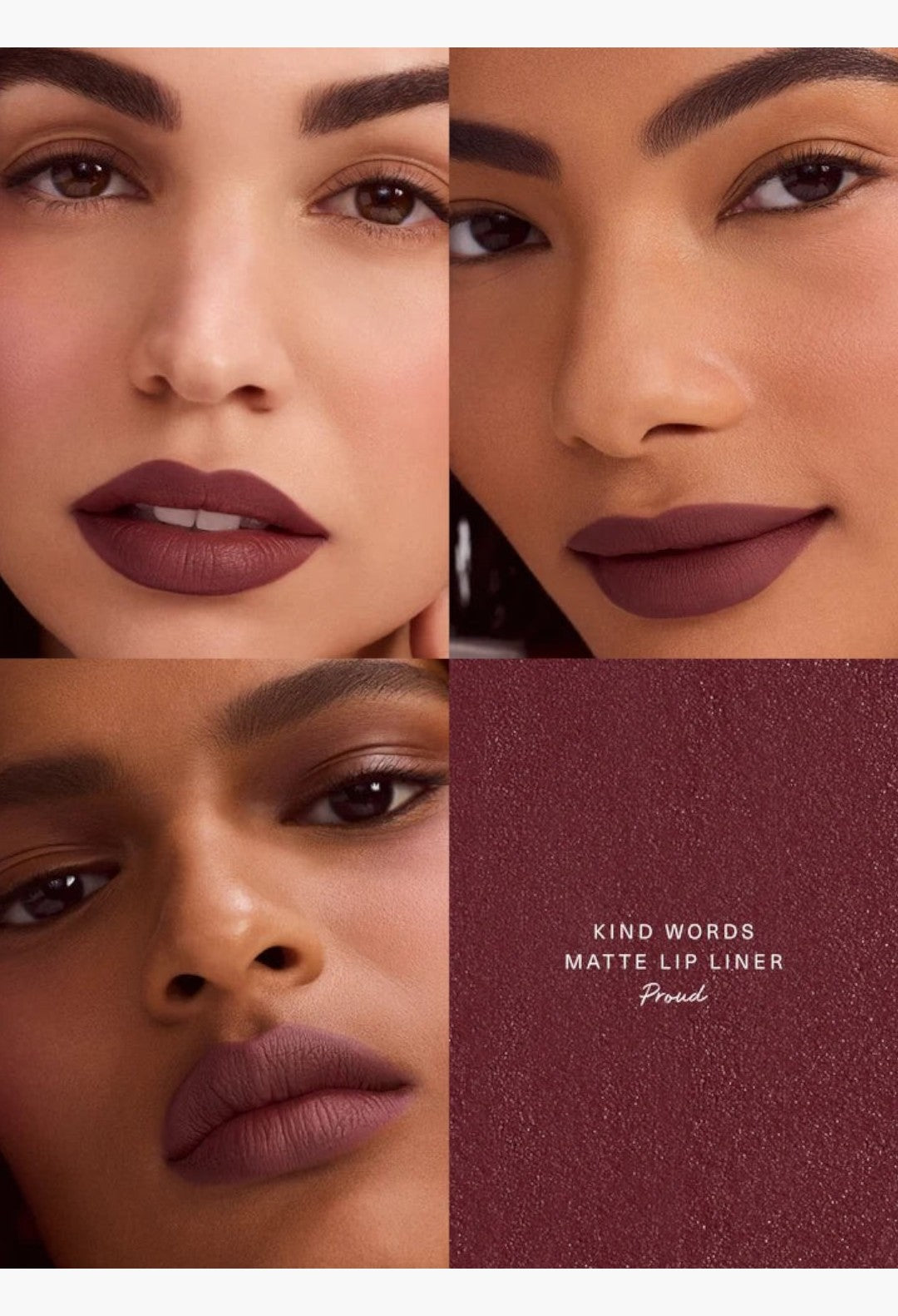 GLAM MODA Kind Words matte lip liner shown on diverse models with a deep berry rose swatch and product branding