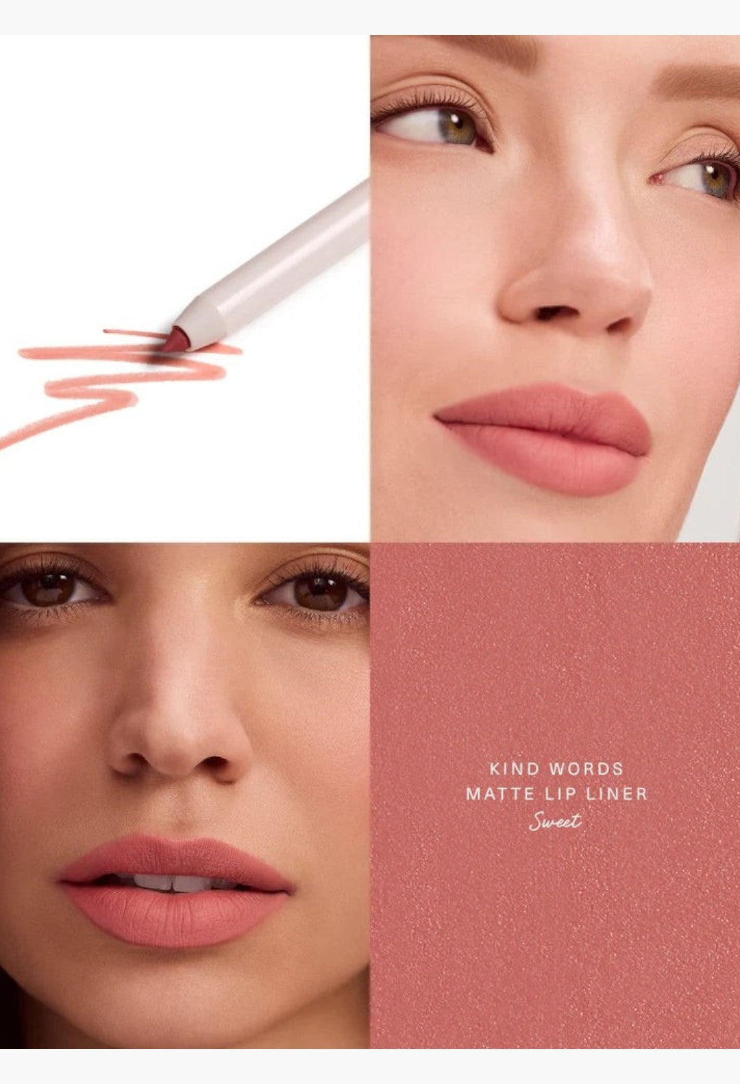 GLAM MODA Kind Words Matte Lip Liner in Sweet shade, shown as a swatch, pencil tip, and applied on two models.