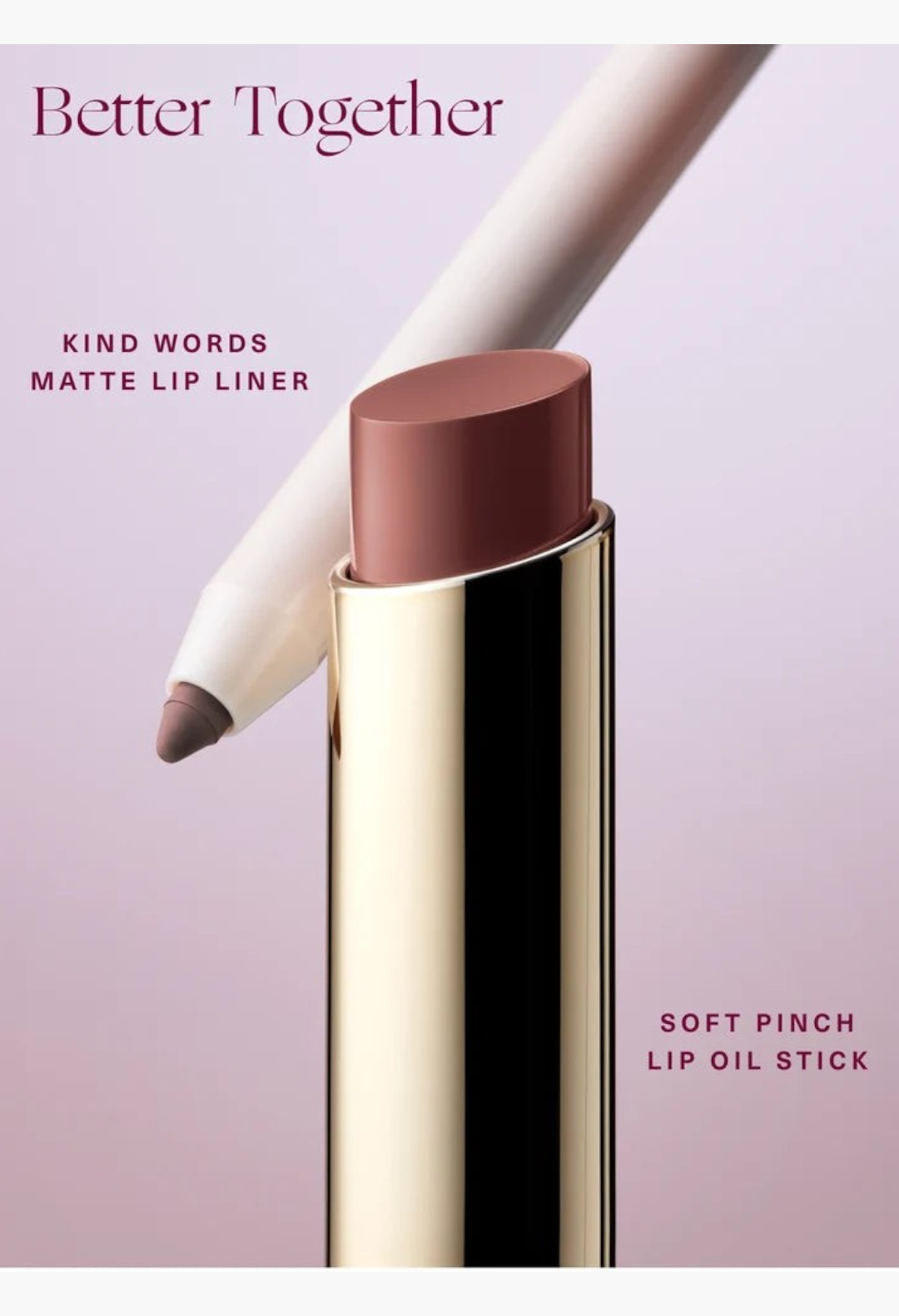 GLAM MODA Kind Words Matte Lip Liner and Soft Pinch Lip Oil Stick in a mauve shade with gold packaging
