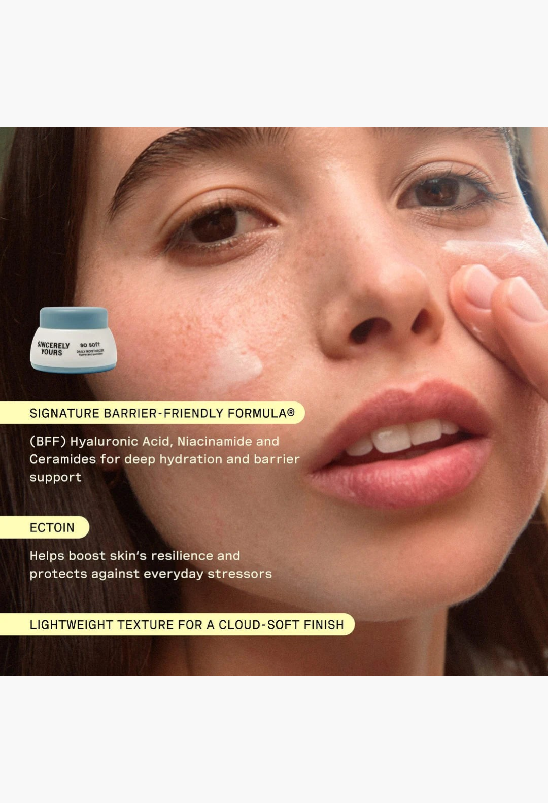 GLAM MODA travel-sized moisturizer applied to a model's cheek, highlighting the lightweight, hydrating formula.
