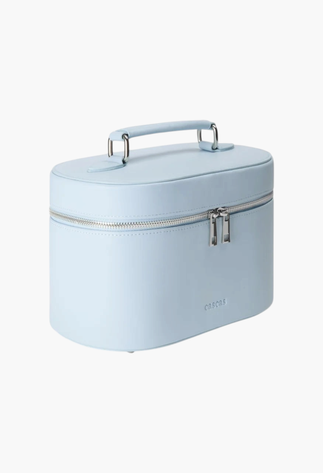 GLAM MODA light blue oval vanity case in vegan leather with silver hardware and a top handle