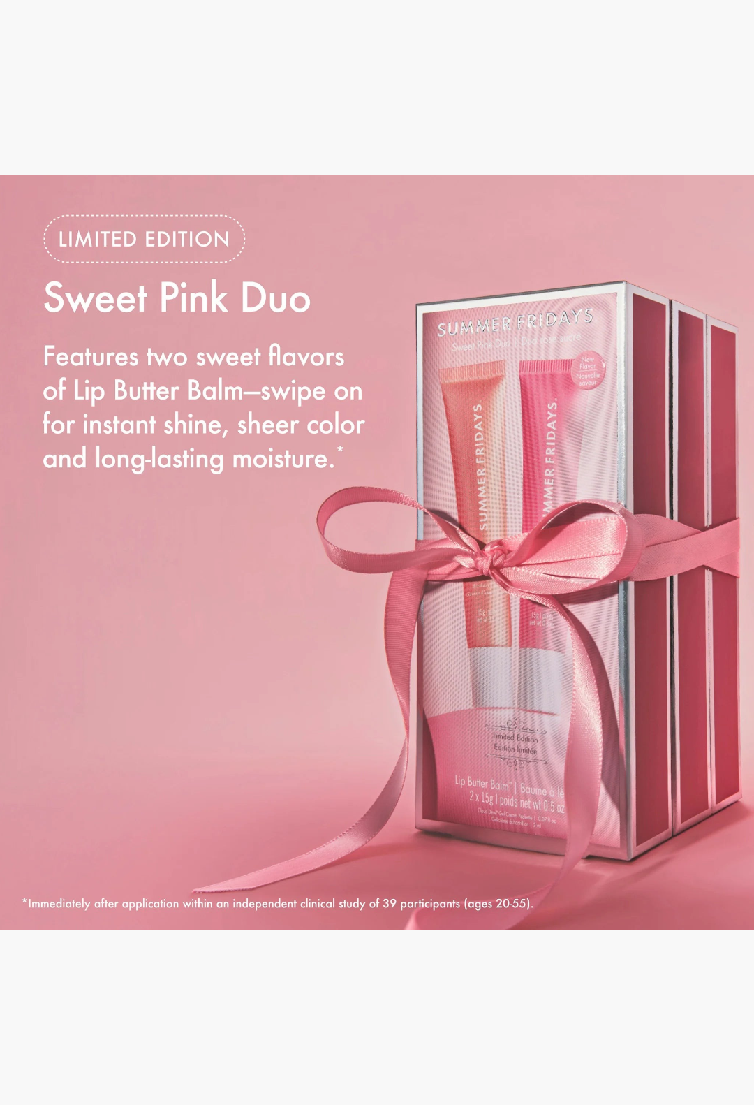 GLAM MODA Sweet Pink Duo Lip Butter Balm birthday set featuring two pink lip balm tubes tied with a satin ribbon.