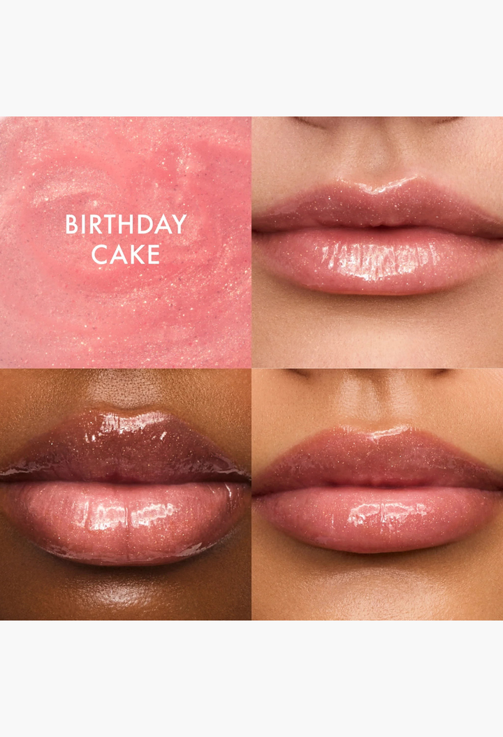 GLAM MODA Sweet Pink Duo Lip Butter Balm set featuring Birthday Cake and Strawberry Soft Serve shades on lips
