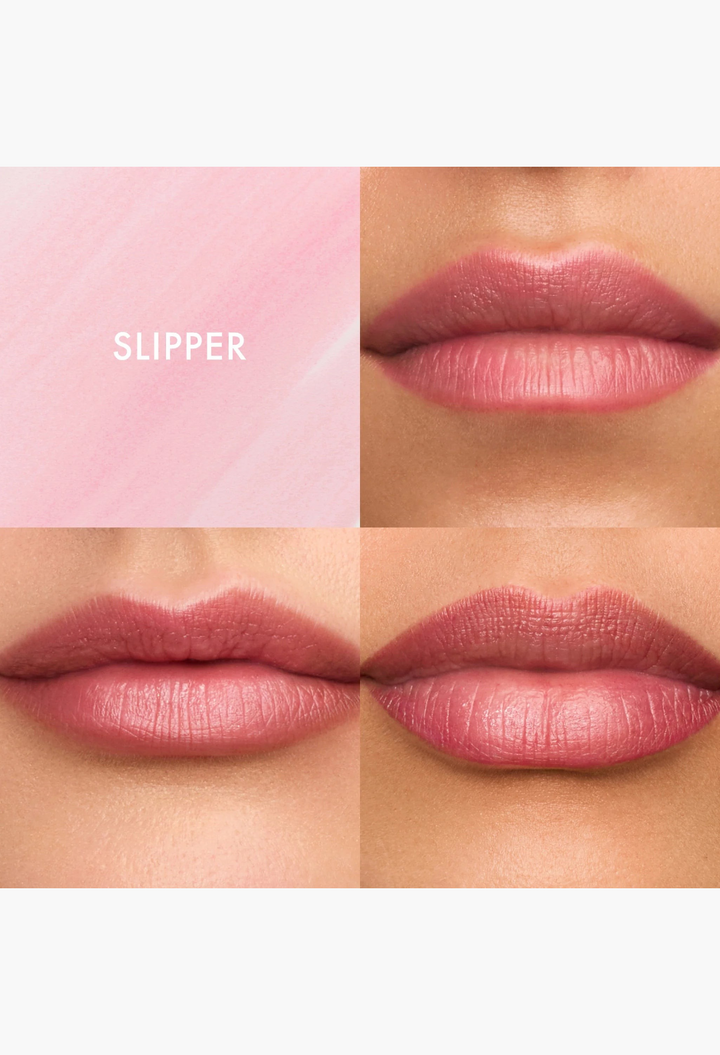 GLAM MODA Flushed Lip Stain in Slipper shade showing a soft pink tint on lips with a natural, buildable finish.