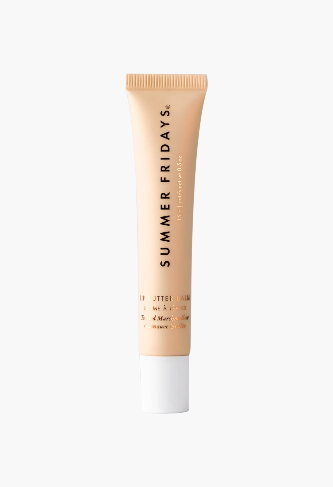 GLAM MODA Summer Fridays Toasted Marshmallow Lip Butter Balm in a beige squeeze tube with golden shimmer finish