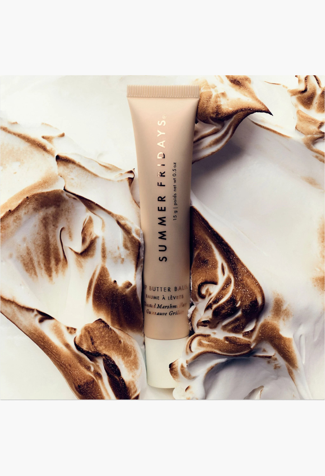 GLAM MODA vegan lip butter balm in toasted marshmallow scent, featuring a hydrating formula with golden shimmer.