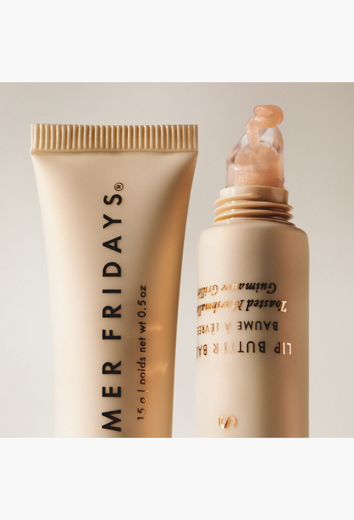 GLAM MODA Mer Fridays Toasted Marshmallow lip butter balm in a beige squeeze tube with golden shimmer texture