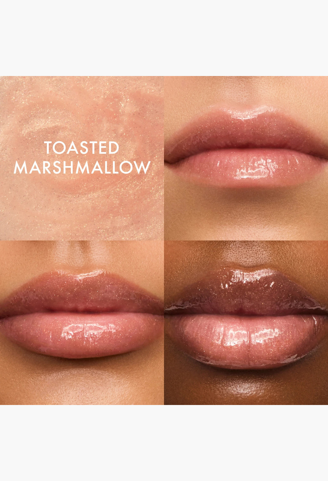 GLAM MODA Toasted Marshmallow lip butter balm showing a glossy golden shimmer texture on lips in a collage view
