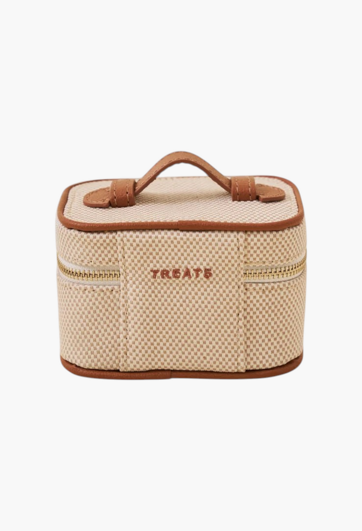 GLAM MODA mini jewellery case in blue and white checkerboard canvas with brown trim and top handle