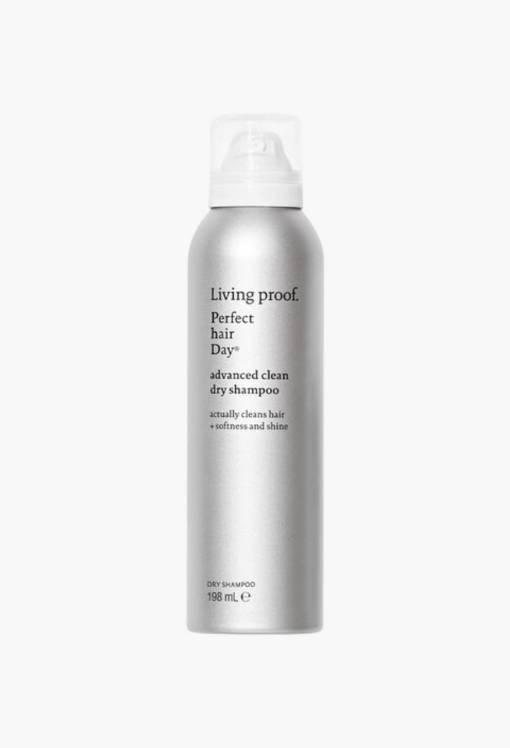 GLAM MODA Living Proof Perfect Hair Day Advanced Clean Dry Shampoo in a silver aerosol spray bottle