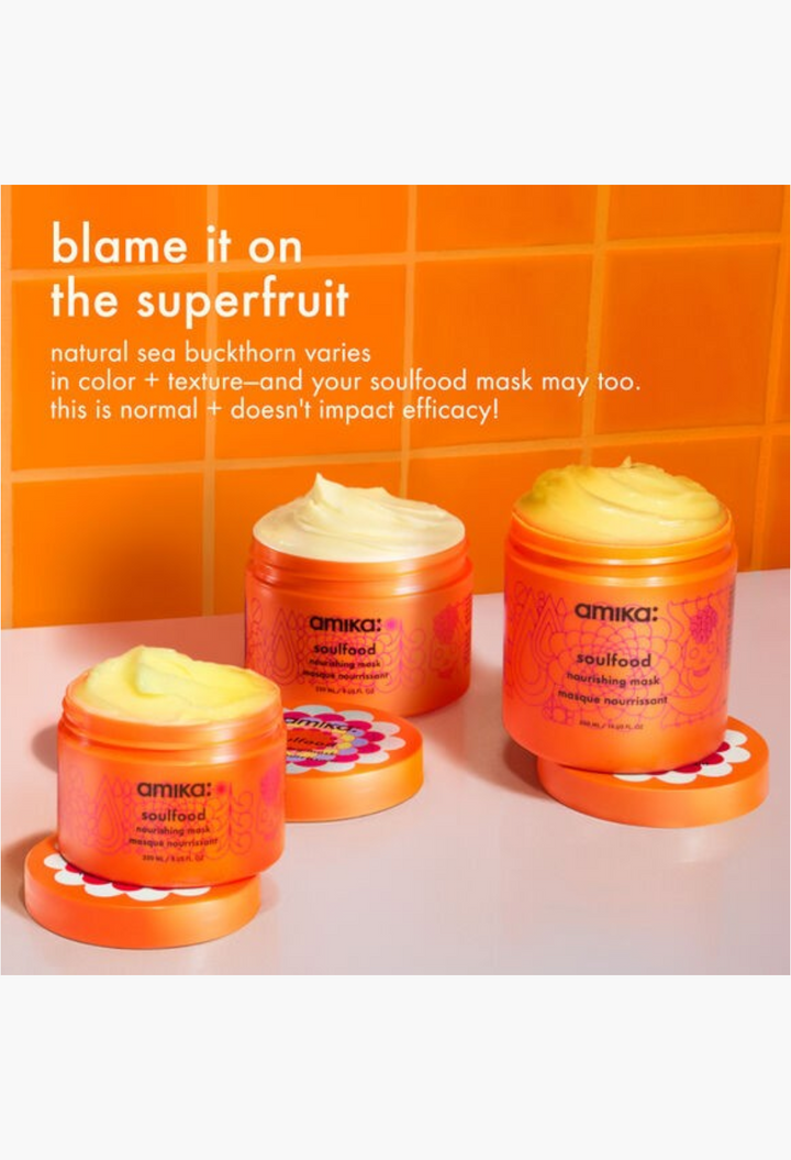 GLAM MODA Amika Soulfood Nourishing Mask jars with rich creamy yellow hair treatment in bright orange packaging
