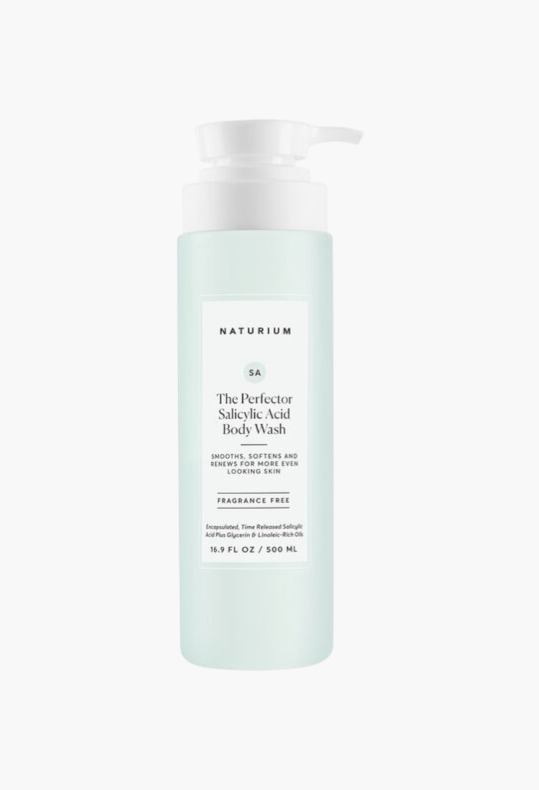 GLAM MODA Naturium The Perfector Salicylic Acid Body Wash in a light blue pump bottle for exfoliating skin.
