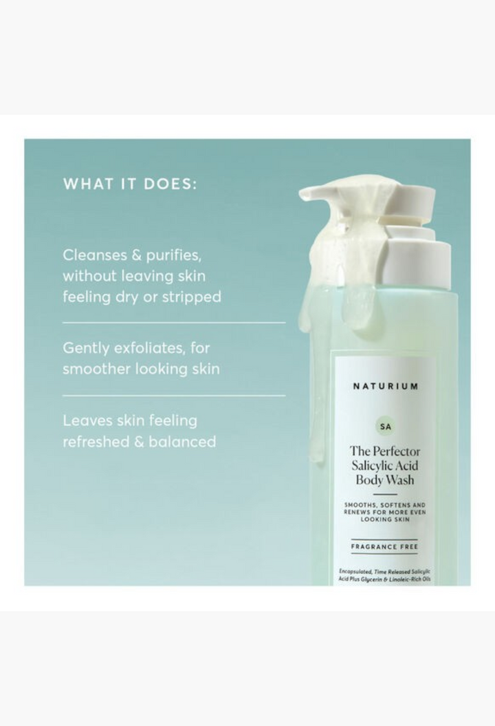 GLAM MODA Naturium The Perfector Salicylic Acid Body Wash in a pump bottle with exfoliating gel texture
