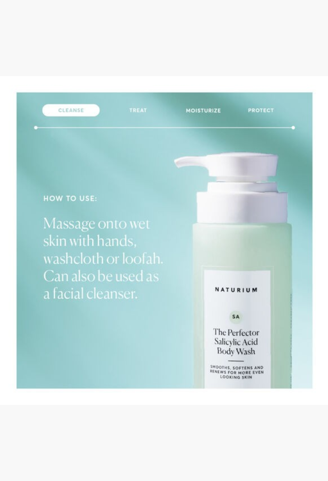 GLAM MODA Naturium The Perfector Salicylic Acid Body Wash in a pump bottle with instructions on a light blue background