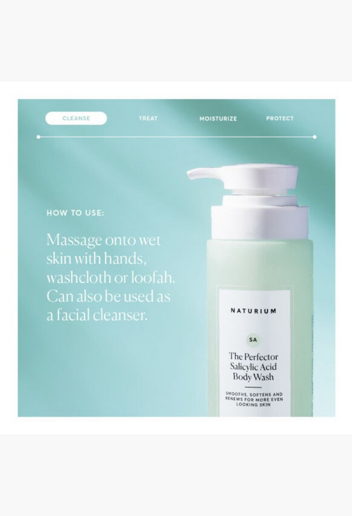 GLAM MODA Naturium The Perfector Salicylic Acid Body Wash in a pump bottle with instructions on a light blue background