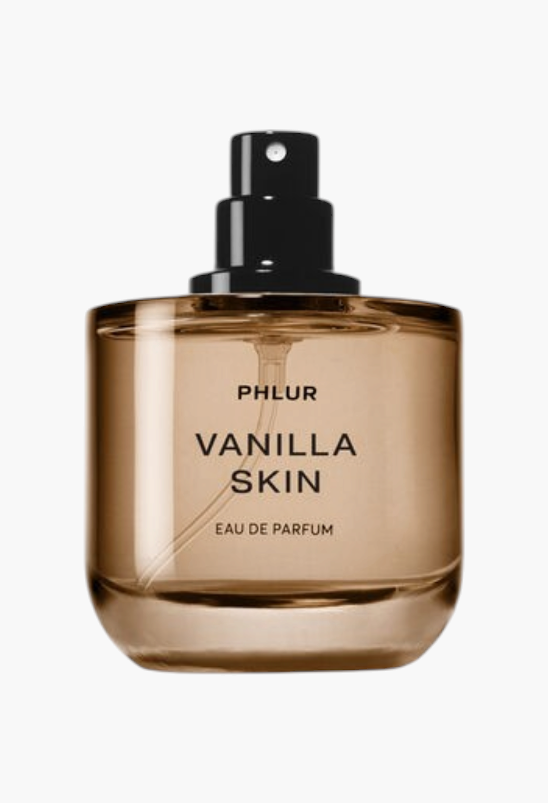 GLAM MODA Phlur Vanilla Skin Eau De Parfum in a sleek glass bottle with a black spray cap against a white background