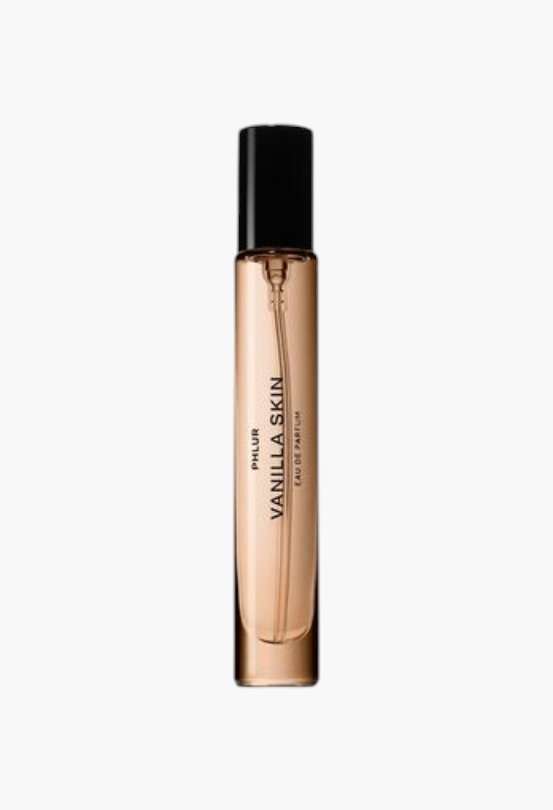 GLAM MODA Phlur Vanilla Skin Eau De Parfum travel size spray bottle with a clear glass body and black cap.