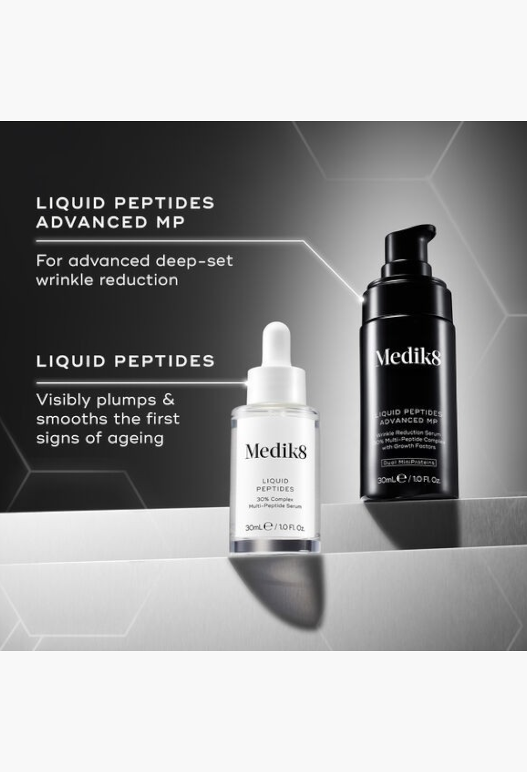 GLAM MODA Medik8 Liquid Peptides and Advanced MP serum bottles on a metallic surface for anti-ageing skincare.