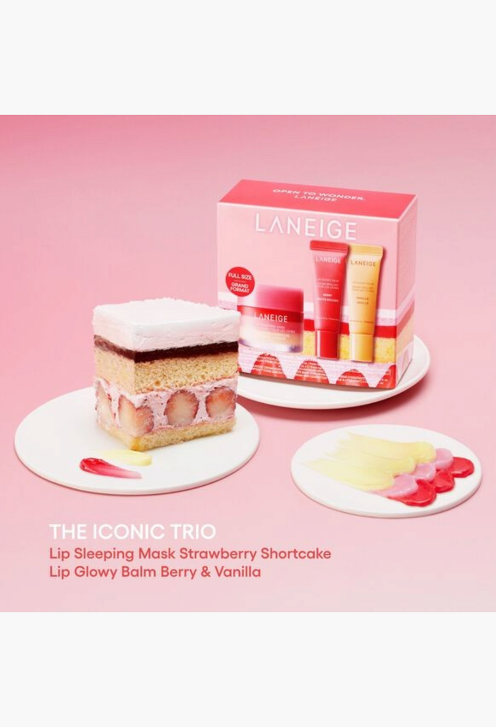 GLAM MODA Laneige Berry Sweet Lip Trio set featuring a strawberry shortcake slice and lip product swatches