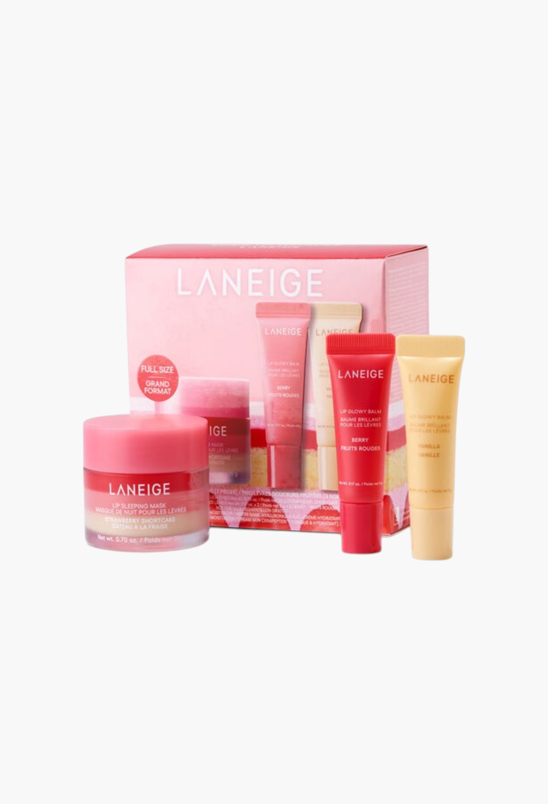 GLAM MODA Laneige Berry Sweet Lip Trio set featuring a Strawberry Shortcake sleeping mask and two Lip Glowy balms.