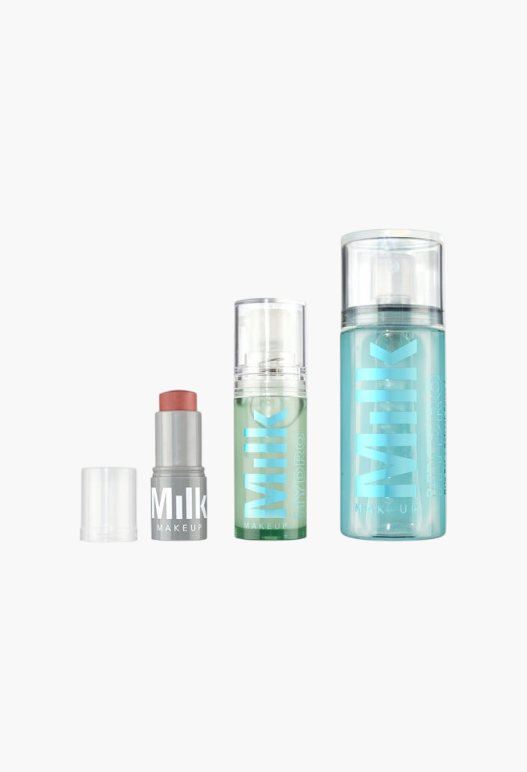 GLAM MODA Milk Makeup Must Haves Set featuring mini Hydro Grip primer, setting spray, and a sample lip and cheek tint.
