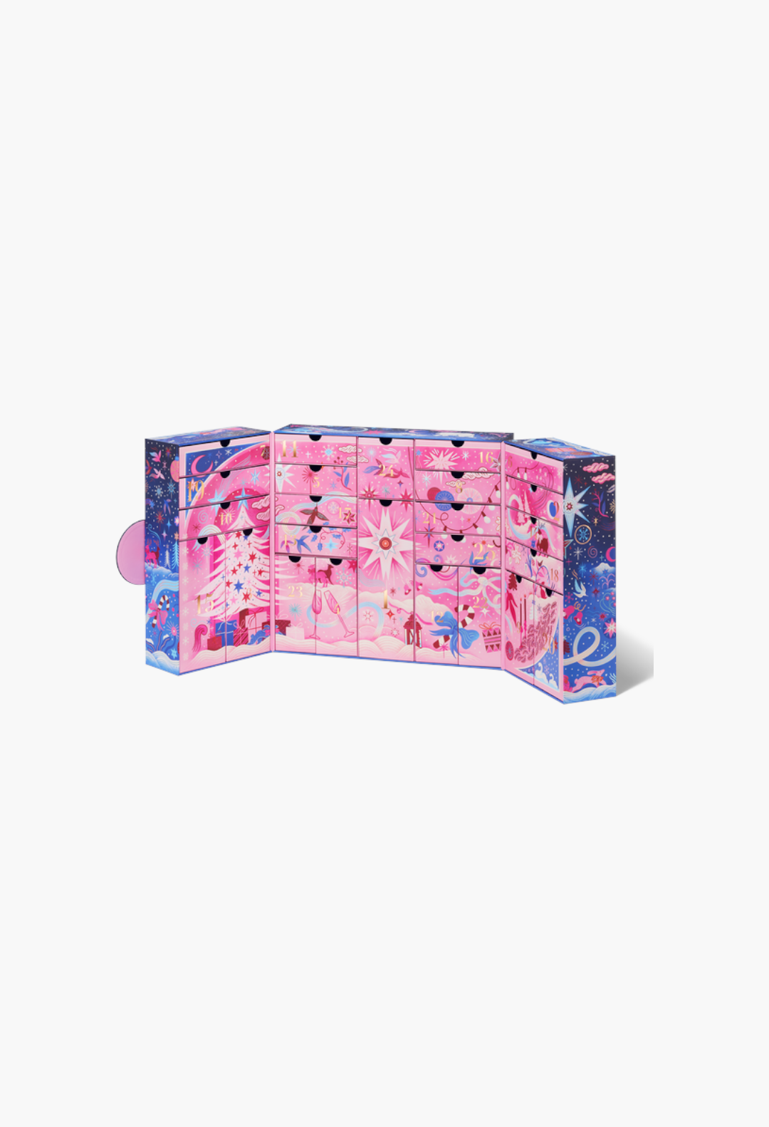 GLAM MODA beauty advent calendar featuring a festive pink and blue design with numbered drawers for holiday gifts.