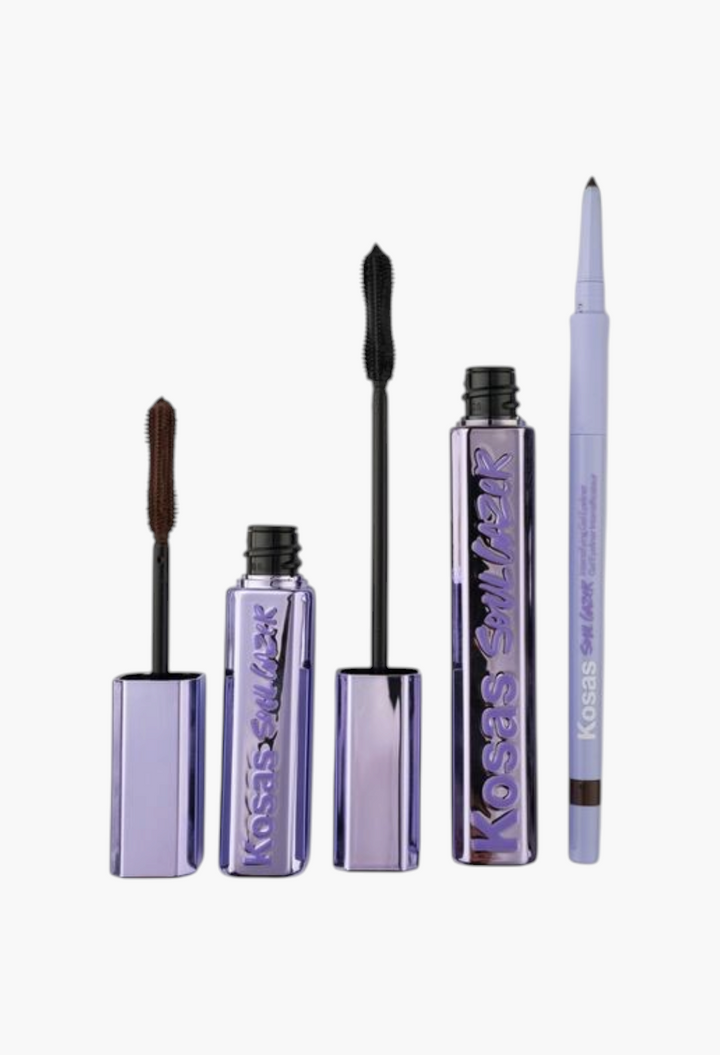 GLAM MODA Kosas Soulgazer eye makeup set featuring two mascaras and a waterproof gel eyeliner in metallic purple tubes.