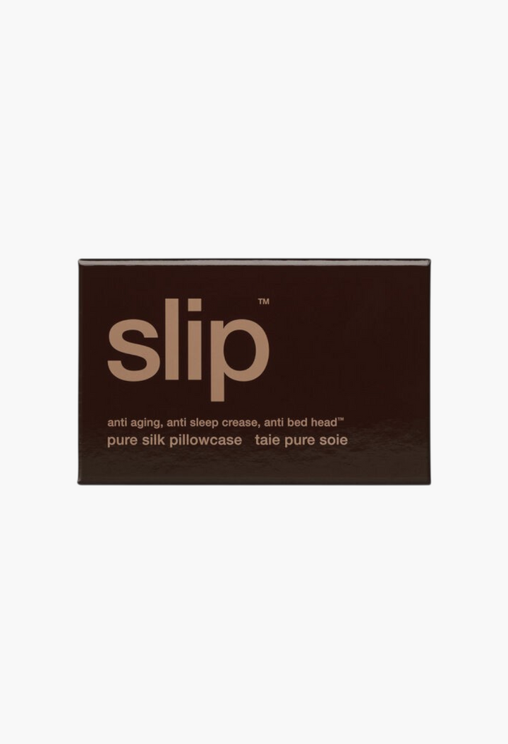 GLAM MODA Slip pure silk queen pillowcase in chocolate brown packaging for anti-aging and hair protection