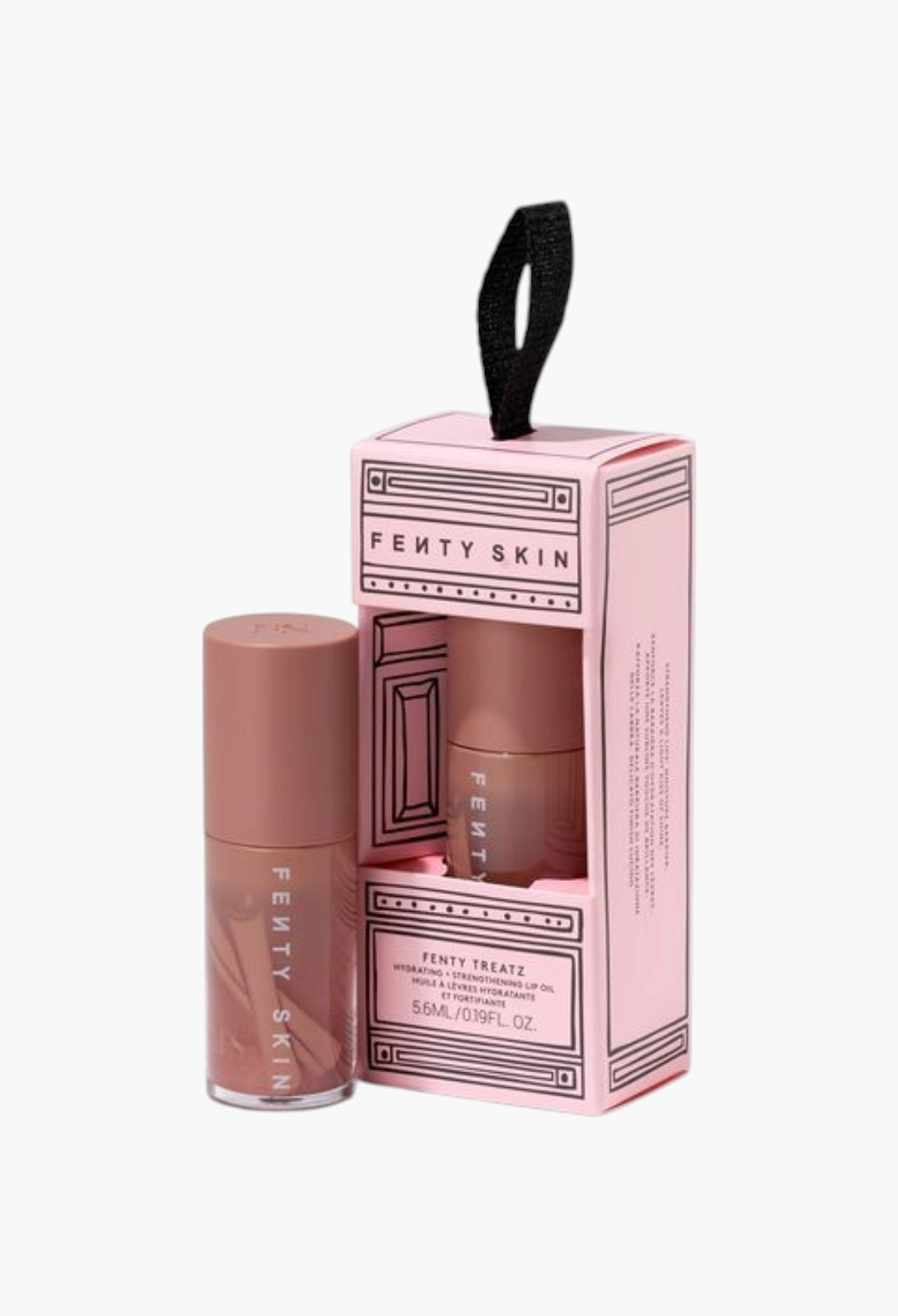 GLAM MODA Fenty Skin Fenty Treatz hydrating lip oil in Cinnamon Sugar with its pink box packaging on a white background