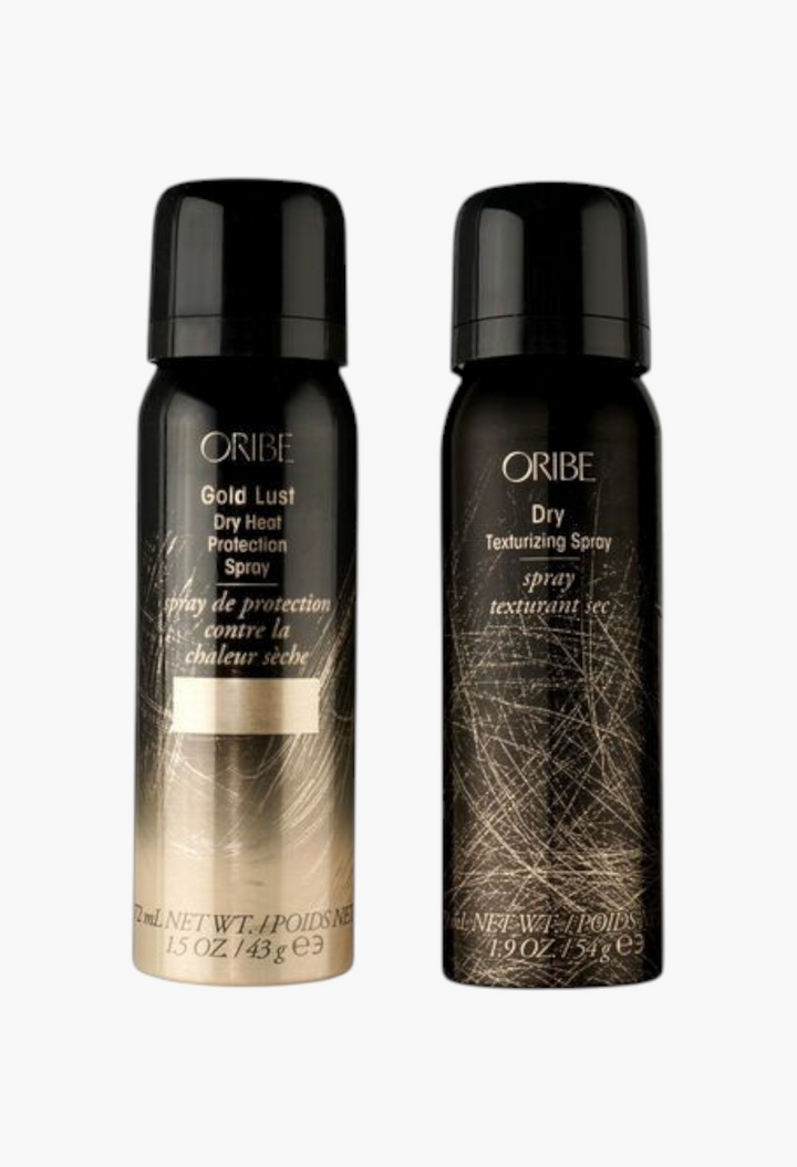 GLAM MODA Oribe Protect and Texturize Travel Duo featuring Gold Lust heat protection and Dry Texturizing hair sprays.