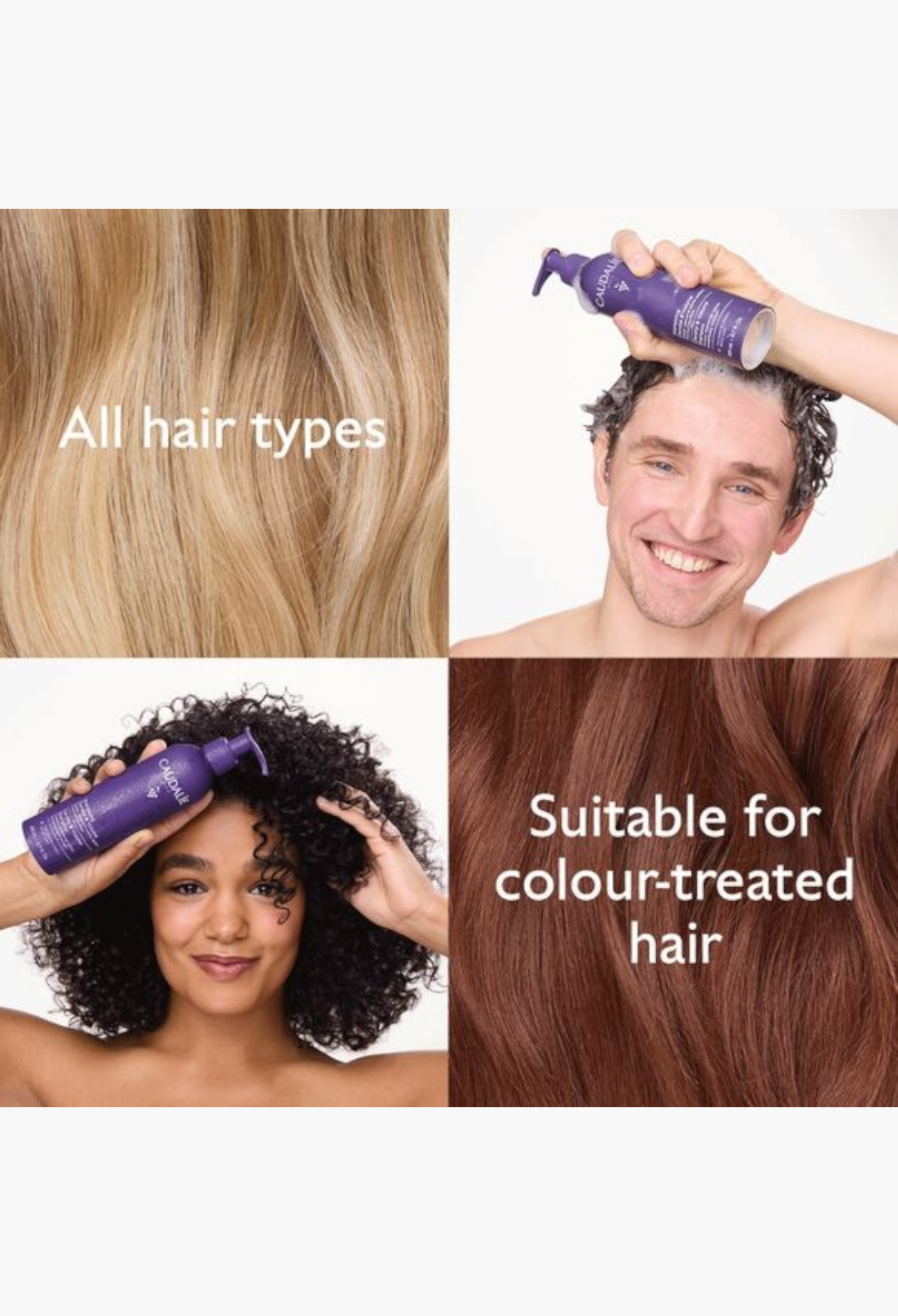 GLAM MODA Caudalie density and volume shampoo being used by diverse models with different hair types and textures