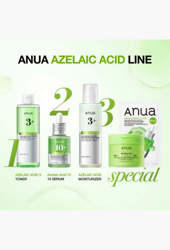 GLAM MODA Anua Azelaic Acid skincare collection featuring toner, serum, moisturizer, and soothing serum mask.